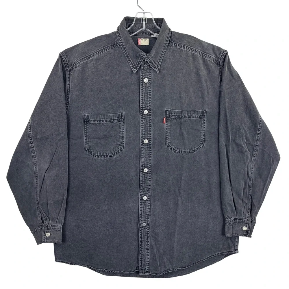 Levi's Red Tab Denim Shirt Men LARGE Blk Gray Metal Button Workwear Y2K Vintage
